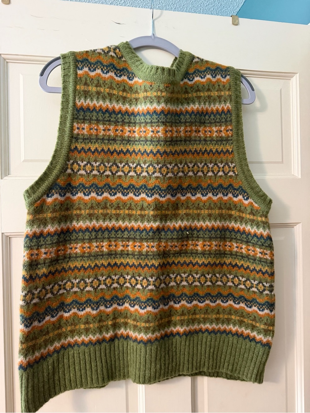 Socialite Olive Green Fair Isle V-Neck Sweater Vest with Multi Stripes